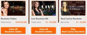 Enkele online live roulette tafels